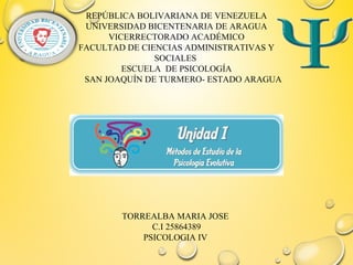 REPÚBLICA BOLIVARIANA DE VENEZUELA
UNIVERSIDAD BICENTENARIA DE ARAGUA
VICERRECTORADO ACADÉMICO
FACULTAD DE CIENCIAS ADMINISTRATIVAS Y
SOCIALES
ESCUELA DE PSICOLOGÍA
SAN JOAQUÍN DE TURMERO- ESTADO ARAGUA
TORREALBA MARIA JOSE
C.I 25864389
PSICOLOGIA IV
 