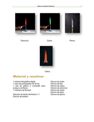 MANUAL DE QUÍMICA ORGÁNICA
	
2
Estroncio Cobre Plomo
Calcio
1 cámara fotográfica digital
1 vaso de precipitados de 50 mL
1 asa de platino o cucharilla para
ensayo a la flama
1 mechero de Bunsen
Solución de ácido clorhídrico 1:1
Cloruro de potasio
Cloruro de sodio
Cloruro de litio
Cloruro de calcio
Cloruro de estroncio
Cloruro de cobre
Cloruro de bario
Cloruro de plomo
 