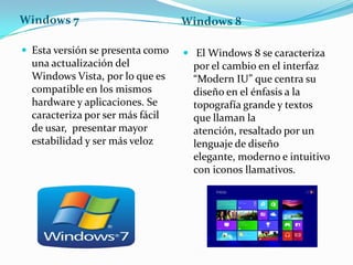 Windows 7

Windows 8

 Esta versión se presenta como

 El Windows 8 se caracteriza

una actualización del
Windows Vista, por lo que es
compatible en los mismos
hardware y aplicaciones. Se
caracteriza por ser más fácil
de usar, presentar mayor
estabilidad y ser más veloz

por el cambio en el interfaz
“Modern IU” que centra su
diseño en el énfasis a la
topografía grande y textos
que llaman la
atención, resaltado por un
lenguaje de diseño
elegante, moderno e intuitivo
con iconos llamativos.

 
