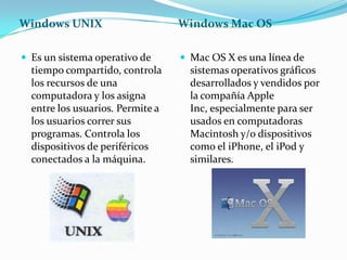 Windows UNIX

Windows Mac OS

 Es un sistema operativo de

 Mac OS X es una línea de

tiempo compartido, controla
los recursos de una
computadora y los asigna
entre los usuarios. Permite a
los usuarios correr sus
programas. Controla los
dispositivos de periféricos
conectados a la máquina.

sistemas operativos gráficos
desarrollados y vendidos por
la compañía Apple
Inc, especialmente para ser
usados en computadoras
Macintosh y/o dispositivos
como el iPhone, el iPod y
similares.

 