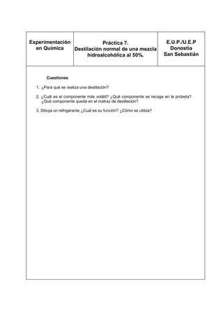 E.U.P./U.E.P
Donostia
San Sebastián
Experimentación
en Química
Práctica 7.
Destilación normal de una mezcla
hidroalcohólica al 50%.
Cuestiones
1. ¿Para qué se realiza una destilación?
2. ¿Cuál es el componente más volátil? ¿Qué componente se recoge en la probeta?
¿Qué componente queda en el matraz de destilación?
3. Dibuja un refrigerante ¿Cuál es su función? ¿Cómo se utiliza?
 