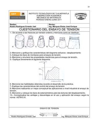 19
INSTITUTO TECNOLÓGICO DE TLALNEPANTLA
SUBDIRECCIÓN ACADEMICA
MECÁNICA DE MATERIALES
PERIODO ENERO-JUNIO 2011
Realizo:
Rostro Rodríguez Ernesto Joel
Reviso:
Ing. Márquez Eloiza José Enrique
CUESTIONARIO DEL ENSAYO DE TENSION
1.- De acuerdo a las fracturas por tensión ordene y mencione como se clasifican:
2.-Mencione y grafique las características del diagrama esfuerzo– desplazamiento
3.-Coloque los tipos de mordazas para ensayos de tensión.
4.-Mencione y enumere las propiedades mecánicas para el ensayo de tensión.
5.- Explique brevemente el siguiente diagrama:
6. Mencione las habilidades obtenidas durante el desarrollo de la práctica.
7.-Explique las características del control del ensayo de tensión
8.-Mencione realizando un mapa conceptual las aplicaciones a nivel industrial el ensayo de
tensión.
9.-Mencione y coloque los tipos de extensómetros para las lecturas del desplazamiento.
10.- Conceptualice las ventajas y desventajas en el uso y aplicación del ensayo según la
norma ASTM E-8.
ENSAYO DE TENSION
________________________ . ________________________
Rostro Rodríguez Ernesto Joel Ing. Márquez Eloiza José Enrique
a) b) c) d) e) f)
 