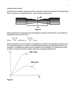 7
CONSIDERACIONES TEÓRICAS
Analizando las probetas después de rotas, es posible medir dos parámetros: El alargamiento
final Lf (Figura 5) y el diámetro final Df , que nos dará el área final Af .
Figura 5
Estos parámetros se expresan como porcentaje de reducción de área %RA y porcentaje de
alargamiento entre marcas %D L:
% RA= x 100 % D L = x 100.
Ambos parámetros son las medidas normalizadas que definen la ductilidad del material, que
es la capacidad para fluir, es decir, la capacidad para alcanzar grandes deformaciones sin
romperse. La fragilidad se define como la negación de la ductilidad. Un material poco dúctil
es frágil. La Figura 6 permite visualizar estos dos conceptos gráficamente.
Figura 6
 