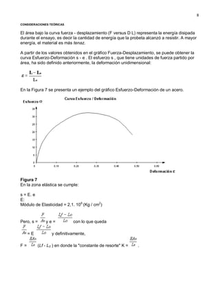 8
CONSIDERACIONES TEÓRICAS
El área bajo la curva fuerza - desplazamiento (F versus D L) representa la energía disipada
durante el ensayo, es decir la cantidad de energía que la probeta alcanzó a resistir. A mayor
energía, el material es más tenaz.
A partir de los valores obtenidos en el gráfico Fuerza-Desplazamiento, se puede obtener la
curva Esfuerzo-Deformación s - e . El esfuerzo s , que tiene unidades de fuerza partido por
área, ha sido definido anteriormente, la deformación unidimensional:
En la Figura 7 se presenta un ejemplo del gráfico Esfuerzo-Deformación de un acero.
Figura 7
En la zona elástica se cumple:
s = E. e
E:
Módulo de Elasticidad = 2,1. 106
(Kg / cm2
)
Pero, s = y e = con lo que queda
= E y definitivamente,
F = (Lf - L0 ) en donde la "constante de resorte" K = .
 