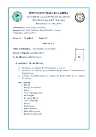 UNIVERSIDAD TÉCNICA DE MACHALA
FACULTAD DE CIENCIAS QUÍMICAS Y DE LA SALUD
CARRERA DE BIOQUÍMICA Y FARMACIA
LABORATORIO DE TOXICOLOGÍA
Profesor: Bioq. Farm. Carlos García MsC.
Alumnas: Lady Buele Ordoñez – Raquel González Pesantes
Fecha: 25 de junio del 2013
Curso: 5to

Paralelo: B

Grupo # 2
Practica N° 5

Título de la Práctica:

Intoxicación por Cloroformo

Animal de Experimentación:Cobayo
Vía de Administración:Peritoneal

10

 OBJETIVOS DE LA PRÁCTICA
1. Determinar la toxicidad del cloroformo en el cobayo.
2. Determinar los síntomas que presenta el cobayo frente a la administración
de cloroformo.
3. Identificar mediante reacciones la presencia de cloroformo en las vísceras
del cobayo.
MATERIALES
 Bisturí.
 Equipo de disección.
 Cinta.
 Vaso de precipitación.
 Erlenmeyer.
 Jeringa de 10 ml.
 Tubos de ensayo.
 Pipetas.
 Cronometro.
 Perlas de vidrio.
 Mascarilla, guantes.
 Equipo de destilación

 