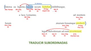 Interea ea legione, quam secum habebat militibusque, qui ex provincia
convenerant, a lacu Lemanno, qui in flumen Rhodanum influit, ad montem
Iuram, qui fines Sequanorum ab Helvetiis dividit, murum fossamque perducit.
Ubi ea dies quam constituerat venit, legati Helvetiorum ad eum reverterunt.
3ª Sing.
Imperf. Ind.
3ª Pl.
Plusc. Ind.
3ª Sing.
Pres. Ind.
3ª Sing.
Pres. Ind.
3ª Sing.
Pres. Ind.
3ª Sing.
Plusc. Ind.
3ª Sing.
Pret Perf. In
3ª Pl.
Pret Perf. Ind.
TRADUCIR SUBORDINADAS
( ( (
(
(
( (
)
) )
) )
) )
O. Relativo O. Relativo
O. Relativo
O. Relativo
O. Adv. Temporal O. Relativo
Abl. Sing.
CC
Adv. Tiempo Abl. Pl
CC
Abl. Sing.
CC
Acus. Sing.
CC
Acus. Sing.
CC
Acus. Sing.
CD
Nom. Pl
Suj.
Gnt. Pl
CN
Acus. Sing.
CC
Abl. Sing.
CC
Acus. Sing.
CD
 