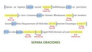 Interea ea legione, quam secum habebat militibusque, qui ex provincia
convenerant, a lacu Lemanno, qui in flumen Rhodanum influit, ad montem
Iuram, qui fines Sequanorum ab Helvetiis dividit, murum fossamque perducit.
Ubi ea dies quam constituerat venit, legati Helvetiorum ad eum reverterunt.
3ª Sing.
Imperf. Ind.
3ª Pl.
Plusc. Ind.
3ª Sing.
Pres. Ind.
3ª Sing.
Pres. Ind.
3ª Sing.
Pres. Ind.
3ª Sing.
Plusc. Ind.
3ª Sing.
Pret Perf. Ind.
3ª Pl.
Pret Perf. Ind.
SEPARA ORACIONES
( ( (
(
(
( (
)
) )
) )
) )
 