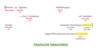 Interea ea legione, quam secum habebat militibusque, qui ex provincia
convenerant, a lacu Lemanno, qui in flumen Rhodanum influit, ad montem
Iuram, qui fines Sequanorum ab Helvetiis dividit, murum fossamque perducit.
Ubi ea dies quam constituerat venit, legati Helvetiorum ad eum reverterunt.
3ª Sing.
Imperf. Ind.
3ª Pl.
Plusc. Ind.
3ª Sing.
Pres. Ind.
3ª Sing.
Pres. Ind.
3ª Sing.
Pres. Ind.
3ª Sing.
Plusc. Ind.
3ª Sing.
Pret Perf. In
3ª Pl.
Pret Perf. Ind.
TRADUCIR ORACIONES
( ( (
(
(
( (
)
) )
) )
) )
O. Relativo O. Relativo
O. Relativo
O. Relativo
O. Adv. Temporal O. Relativo
Abl. Sing.
CC
Adv. Tiempo Abl. Pl
CC
Abl. Sing.
CC
Acus. Sing.
CC
Acus. Sing.
CC
Acus. Sing.
CD
 