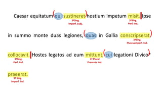 Caesar equitatum qui sustineret hostium impetum misit. Ipse
in summo monte duas legiones, quas in Gallia conscripserat,
collocavit. Hostes legatos ad eum mittunt, cui legationi Divico*
praeerat.
3ªSing.
Imperf. Subj.
3ªSing.
Perf. Ind.
3ªSing.
Pluscuamperf. Ind.
3ªSing.
Perf. Ind.
3ª Plural
Presente Ind.
3ª Sing.
Imperf. Ind.
( )
( )
( )
 