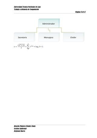 Universidad Técnica Particular de Loja
Trabajo a distancia de Computación
Página 4 de 4
Ricardo Plutarco Mendez Chala
Gestion Ambiental
Regional Ibarra
Administrador
Secretaria Mensajero Chofer
 
