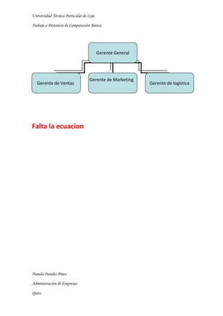 Universidad Técnica Particular de Loja

Trabajo a Distancia de Computación Básica




                                         Gerente General




                                   Gerente de Marketing
   Gerente de Ventas                                       Gerente de logística




Falta la ecuacion




Pamela Paredes Pinos

Administración de Empresas

Quito
 