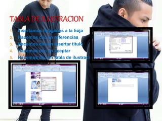 1. Insertamos imágenes a la hoja
2. Hacemos clic en referencias
3. Hacemos clic en insertar titulo
4. Hacemos clic en aceptar
5. Hacemos clic en tabla de ilustraciones y aceptar
 