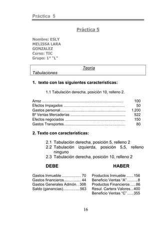 Práctica 5

                                        Práctica 5

Nombre: ESLY
MELISSA LARA
GONZALEZ
Curso: TIC
Grupo: 1° “L”

                                              Teoría
Tabulaciones

1. texto con las siguientes características:

            1.1 Tabulación derecha, posición 10, relleno 2.

Arroz ................................................................................     100
Efectos Impagados ..............................................................            50
Gastos personal..............................................................            1.200
Bº Ventas Mercaderías .......................................................              522
Efectos negociados ............................................................            150
Gastos Transportes..............................................................            80

2. Texto con características:

            2.1 Tabulación derecha, posición 5, relleno 2
            2.2 Tabulación izquierda, posición 5,5, relleno
                ninguno
            2.3 Tabulación derecha, posición 10, relleno 2

            DEBE                                                          HABER

Gastos Inmueble .................. 70                 Productos Inmueble ....... 156
Gastos financieros ................ 44                Beneficio Ventas “A” .......... 8
Gastos Generales Admón. . 308                         Productos Financieros ..... 86
Saldo (ganancias)................563                  Resul. Cartera Valores ... 400
                                                      Beneficio Ventas “C” ...... 355



                                               16
 