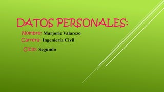 DATOS PERSONALES:
Nombre: Marjorie Valarezo
Carrera: Ingeniería Civil
Ciclo: Segundo
 