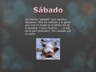 del hebreo "sabbath" que significa
descanso. Para los hebreos y la gente
que vive en Israel es el último día de
la semana. Y para muchos ... ¡ el día
de la gran diversión!. Ten cuidado con
el coche.
 