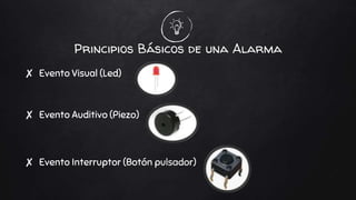 Principios Básicos de una Alarma
✘ Evento Visual (Led)
✘ Evento Auditivo (Piezo)
✘ Evento Interruptor (Botón pulsador)
 