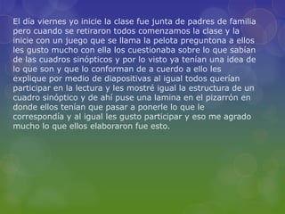 El día viernes yo inicie la clase fue junta de padres de familia
pero cuando se retiraron todos comenzamos la clase y la
inicie con un juego que se llama la pelota preguntona a ellos
les gusto mucho con ella los cuestionaba sobre lo que sabían
de las cuadros sinópticos y por lo visto ya tenían una idea de
lo que son y que lo conforman de a cuerdo a ello les
explique por medio de diapositivas al igual todos querían
participar en la lectura y les mostré igual la estructura de un
cuadro sinóptico y de ahí puse una lamina en el pizarrón en
donde ellos tenían que pasar a ponerle lo que le
correspondía y al igual les gusto participar y eso me agrado
mucho lo que ellos elaboraron fue esto.
 