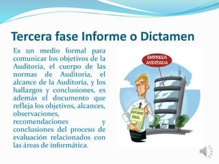 Tercera fase Informe o Dictamen 
Es un medio formal para 
comunicar los objetivos de la 
Auditoría, el cuerpo de las 
normas de Auditoría, el 
alcance de la Auditoría, y los 
hallazgos y conclusiones, es 
además el documento que 
refleja los objetivos, alcances, 
observaciones, 
recomendaciones y 
conclusiones del proceso de 
evaluación relacionados con 
las áreas de informática. 
 
