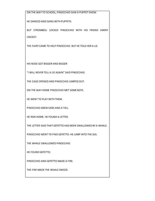 ON THE WAY TO SCHOOL, PINOCCHIO SAW A PUPPET SHOW.
HE DANCED AND SANG WITH PUPPETS.
BUT STROMBOLI LOCKED PINOCCHIO WITH HIS FRIEND JIMINY
CRICKET.
THE FAIRY CAME TO HELP PINOCCHIO. BUT HE TOLD HER A LIE.
HIS NOSE GOT BIGGER AND BIGGER
“I WILL NEVER TELL A LIE AGAIN” SAID PINOCCHIO.
THE CAGE OPENED AND PINOCCHIO JUMPED OUT.
ON THE WAY HOME PINOCCHIO MET SOME BOYS.
HE WENT TO PLAY WITH THEM.
PINOCCHIO GREW EARS AND A TAIL.
HE RAN HOME. HE FOUND A LETTER.
THE LETTER SAID THAT GEPETTO HAD BEEN SWALLOWED BY A WHALE.
PINOCCHIO WENT TO FIND GEPETTO. HE JUMP INTO THE SEA.
THE WHALE SWALLOWED PINOCCHIO.
HE FOUND GEPETTO.
PINOCCHIO AND GEPETTO MADE A FIRE.
THE FIRE MADE THE WHALE SNEEZE.
 