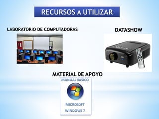 RECURSOS A UTILIZAR
LABORATORIO DE COMPUTADORAS DATASHOW
MATERIAL DE APOYO