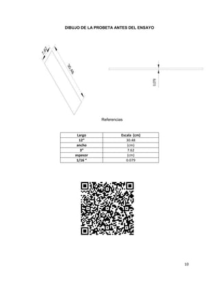 10
DIBUJO DE LA PROBETA ANTES DEL ENSAYO
Largo Escala (cm)
12” 30.48
ancho (cm)
3” 7.62
espesor (cm)
1/16 “ 0.079
Referencias
 