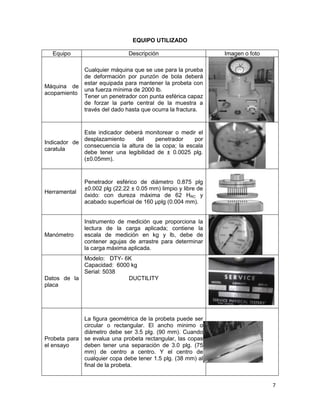 7
EQUIPO UTILIZADO
Equipo Descripción Imagen o foto
Máquina de
acopamiento
Cualquier máquina que se use para la prueba
de deformación por punzón de bola deberá
estar equipada para mantener la probeta con
una fuerza mínima de 2000 lb.
Tener un penetrador con punta esférica capaz
de forzar la parte central de la muestra a
través del dado hasta que ocurra la fractura.
Indicador de
caratula
Este indicador deberá monitorear o medir el
desplazamiento del penetrador por
consecuencia la altura de la copa; la escala
debe tener una legibilidad de ± 0.0025 plg.
(±0.05mm).
Herramental
Penetrador esférico de diámetro 0.875 plg
±0.002 plg (22.22 ± 0.05 mm) limpio y libre de
óxido: con dureza máxima de 62 HRC y
acabado superficial de 160 µplg (0.004 mm).
Manómetro
Instrumento de medición que proporciona la
lectura de la carga aplicada; contiene la
escala de medición en kg y lb, debe de
contener agujas de arrastre para determinar
la carga máxima aplicada.
Datos de la
placa
Modelo: DTY- 6K
Capacidad: 6000 kg
Serial: 5038
DUCTILITY
Probeta para
el ensayo
La figura geométrica de la probeta puede ser
circular o rectangular. El ancho minimo o
diámetro debe ser 3.5 plg. (90 mm). Cuando
se evalua una probeta rectangular, las copas
deben tener una separación de 3.0 plg. (75
mm) de centro a centro. Y el centro de
cualquier copa debe tener 1.5 plg. (38 mm) al
final de la probeta.
 