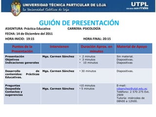 ASIGNTURA: Práctica Educativa CARRERA: PSICOLOGÌA FECHA: 14 de Diciembre del 2011 HORA INICIO:  19:15  HORA FINAL: 20:15 GUIÓN DE PRESENTACIÓN  Puntos de la Presentación Intervienen Duración Aprox. en minutos Material de Apoyo Presentación Objetivos  Indicaciones generales Mgs. Carmen Sánchez 2 minutos 3 minutos 10 minutos Sin material. Diapositivas. Diapositivas Desarrollo de contenidos: Prácticas Educativas. Mgs. Carmen Sánchez 30 minutos Diapositivas. Preguntas Despedida Contactos y sugerencias Mgs. Carmen Sánchez 10 minutos 5 minutos E-mail:  [email_address] Teléfono: 2 570 275 Ext. 2909 Tutoría: miércoles de 08h00 a 12h00. 