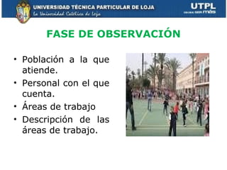 FASE DE OBSERVACIÓN Población a la que atiende. Personal con el que cuenta. Áreas de trabajo  Descripción de las áreas de trabajo. 