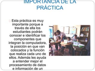 IMPORTANCIA DE LA
PRÁCTICA
Esta práctica es muy
importante porque a
través de ella los
estudiantes podrán
conocer e identificar los
componentes que
integran la computadora,
la posición en que van
colocados y la función
que realiza cada uno de
ellos. Además les ayuda
a entender mejor el
procesamiento de datos
e información de un
computador.