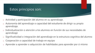 Estos principios son:
o Actividad y participación del alumno en su aprendizaje.
o Autonomía del aprendizaje o capacidad del estudiante de dirigir su propio
aprendizaje.
o Individualización o atención a los alumnos en función de sus necesidades de
aprendizaje
o Significatividad o integración del aprendizaje en la estructura cognitiva del alumno
o Cooperación o capacidad de trabajo en equipo
o Aprender a aprender o adquisición de habilidades para aprender por sí mismo
 
