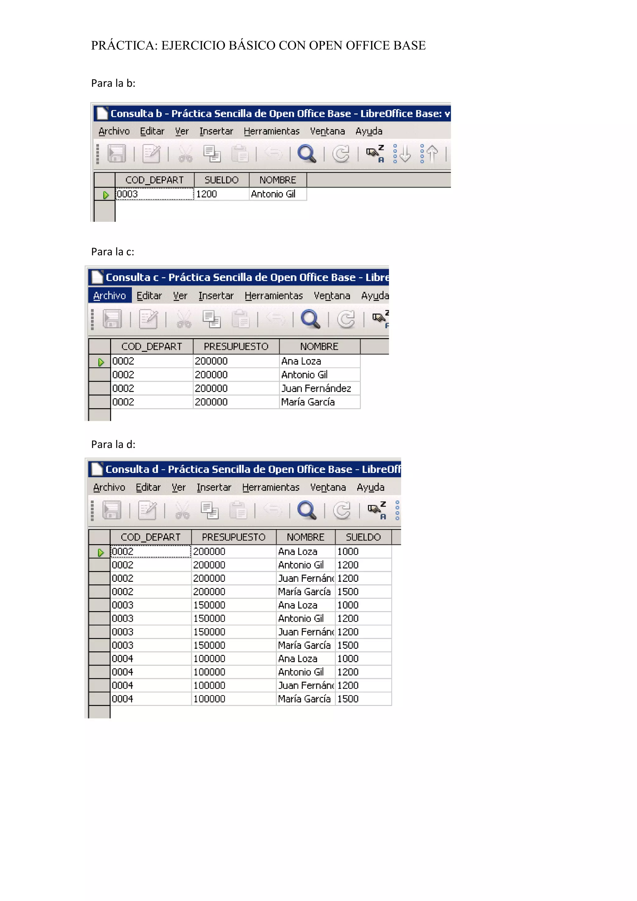PRÁCTICA: EJERCICIO BÁSICO CON OPEN OFFICE BASE
Para la b:
Para la c:
Para la d:
 