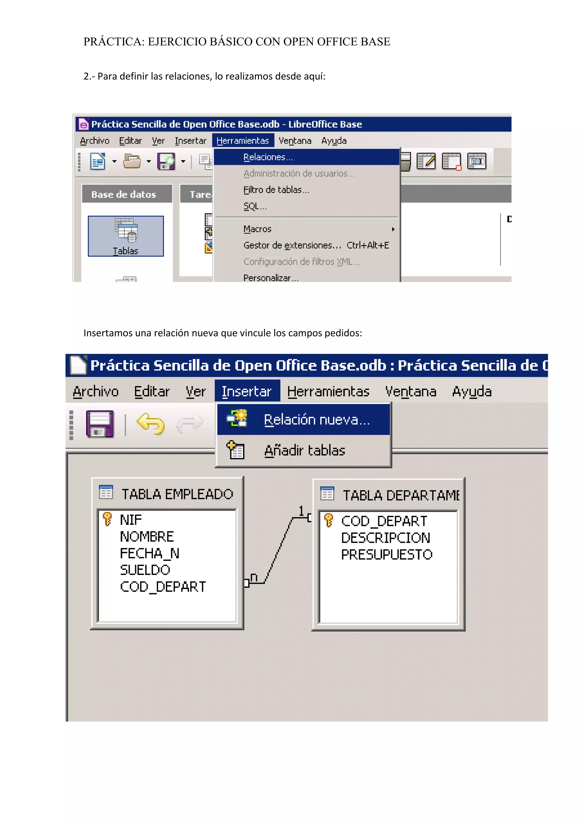 PRÁCTICA: EJERCICIO BÁSICO CON OPEN OFFICE BASE
2.- Para definir las relaciones, lo realizamos desde aquí:
Insertamos una relación nueva que vincule los campos pedidos:
 