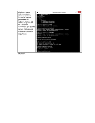 39. XCOPY
Copia archivos
selectivamente,
inclusive los que
provienen de
subdirectorios. Es
un comando
excelente que puede
servir incluso para
efectuar copias de
seguridad.
 