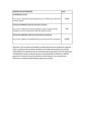 RAZONES DE RENTABILIDAD: 2020
1) Utilidad por acción:
R e s u lta do: representa el total de ganancias que se obtienen por cada acción
ordinaria vigente.
2) Tasa de rendimiento sobre la inversión en activos:
R e s u lta do: determina la eficiencia global en cuanto a la generación de
utilidades con activos disponibles. Poder del capital invertido.
3) Tasa de rendimiento sobre la inversión de los accionistas:
R e s u lta do: Significa la rentabilidad de la inversión total de los accionistas.
92,00
0,16
0,2589
Discusión: Con las razones de liquidez se puede observar que la empresa es capaz de
cubrir sus pasivos con los activos, viendose una notable disminución en la prueba
ácida debido a la importancia de los inventarios para esta empresa. Con las razones de
rentabilidad se ve que a cada accionista le corresponde 92$, se obtiene un 16% de
ganancia en relacion al monto invertido en activos totales, y los inversionistas
obtienen un rendimiento del 25% por cada peso invertido.
 