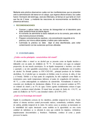 Mediante esta práctica observamos cuales son las manifestaciones que se presentan
ante la administración del etanol en el cobayo, que órganos afecta el toxico, los cuales
fueron: hinchazón del estómago, vesícula inflamada y el tiempo en que tardo en morir
que fue de 2 horas y mediante las reacciones de reconocimientos se identificó la
presencia del toxico.
 RECOMENDACIONES
 Conocer y aplicar todas las normas de bioseguridad en el laboratorio para
evitar posteriormente accidente alguno
 Al momento de administrar la dosis realizarlo en la vía correcta, para evitar de
esta manera provocar embolias.
 Preparar correctamente los reactivos a la concentración requerida en la
práctica y así mismo utilizar pipetas o bulbos para cada reactivo.
 Culminada la práctica se debe dejar el área desinfectada, para evitar
contaminación con las sustancias químicas utilizadas.
 CUESTIONARIO:
¿Cuáles son las principales características del etanol?
El alcohol etílico o etanol es un alcohol que se presenta como un líquido incoloro e
inflamable con un punto de ebullición de 78 °C. Al mezclarse con agua en cualquier
proporción, da una mezcla azeotrópica. Es un líquido transparente e incoloro, con sabor
a quemado y un olor agradable característico. Es conocido sencillamente con el nombre
de alcohol. Su fórmula química es H3C-CH2-OH , principal producto de las bebidas
alcohólicas. Es el alcohol que se encuentra en bebidas como la cerveza, la sidra, el vino
y el brandy. Debido a su bajo punto de congelación, ha sido empleado como fluido en
termómetros para medir temperaturas inferiores al punto de congelación del mercurio, -
40 °C, y como anticongelante en radiadores de automóviles. Normalmente el etanol se
concentra por destilación de disoluciones diluidas. El de uso comercial contiene un 95%
en volumen de etanol y un 5% de agua. Ciertos agentes deshidratantes extraen el agua
residual y producen etanol absoluto. El etanol tiene un punto de fusión de -114,1°C, un
punto de ebullición de 78,5°C y una densidad relativa de 0,789 a 20°C.
¿Cuál es la Toxicología del etanol?
Impide la coordinación correcta de los miembros, pérdida temporal de la visión. Puede
afectar al sistema nervioso central provocando mareos, somnolencia, confusión, estados
de euforia, pérdida temporal de la visión. En ciertos casos se produce un incremento en
la irritabilidad del sujeto intoxicado como también en la agresividad; en otra cierta
cantidad de individuos se ve afectada la zona que controla los impulsos, volviéndose
impulsivamente descontrolados y frenéticos. Finalmente, conduce al coma y puede
provocar la muerte.
 