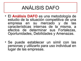 El  Análisis DAFO  es una metodología de estudio de la situación competitiva de una empresa en su mercado y de las características internas de la misma, a efectos de determinar sus Fortalezas, Oportunidades, Debilidades y Amenazas.  Se puede establecer un símil con las personas y utilizarlo para uso individual en lugar de las empresas. ANÁLISIS DAFO 