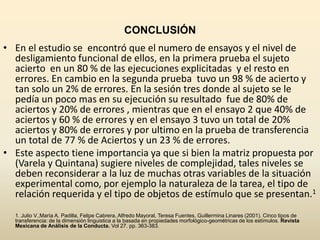 CONCLUSIÓN
• En el estudio se encontró que el numero de ensayos y el nivel de
  desligamiento funcional de ellos, en la primera prueba el sujeto
  acierto en un 80 % de las ejecuciones explicitadas y el resto en
  errores. En cambio en la segunda prueba tuvo un 98 % de acierto y
  tan solo un 2% de errores. En la sesión tres donde al sujeto se le
  pedía un poco mas en su ejecución su resultado fue de 80% de
  aciertos y 20% de errores , mientras que en el ensayo 2 que 40% de
  aciertos y 60 % de errores y en el ensayo 3 tuvo un total de 20%
  aciertos y 80% de errores y por ultimo en la prueba de transferencia
  un total de 77 % de Aciertos y un 23 % de errores.
• Este aspecto tiene importancia ya que si bien la matriz propuesta por
  (Varela y Quintana) sugiere niveles de complejidad, tales niveles se
  deben reconsiderar a la luz de muchas otras variables de la situación
  experimental como, por ejemplo la naturaleza de la tarea, el tipo de
  relación requerida y el tipo de objetos de estímulo que se presentan.1
  1. Julio V.,María A. Padilla, Felipe Cabrera, Alfredo Mayoral, Teresa Fuentes, Guillermina Linares (2001). Cinco tipos de
  transferencia: de la dimensión linguistica a la basada en propiedades morfológico-geométricas de los estímulos. Revista
  Mexicana de Análisis de la Conducta. Vol 27. pp. 363-383.
 
