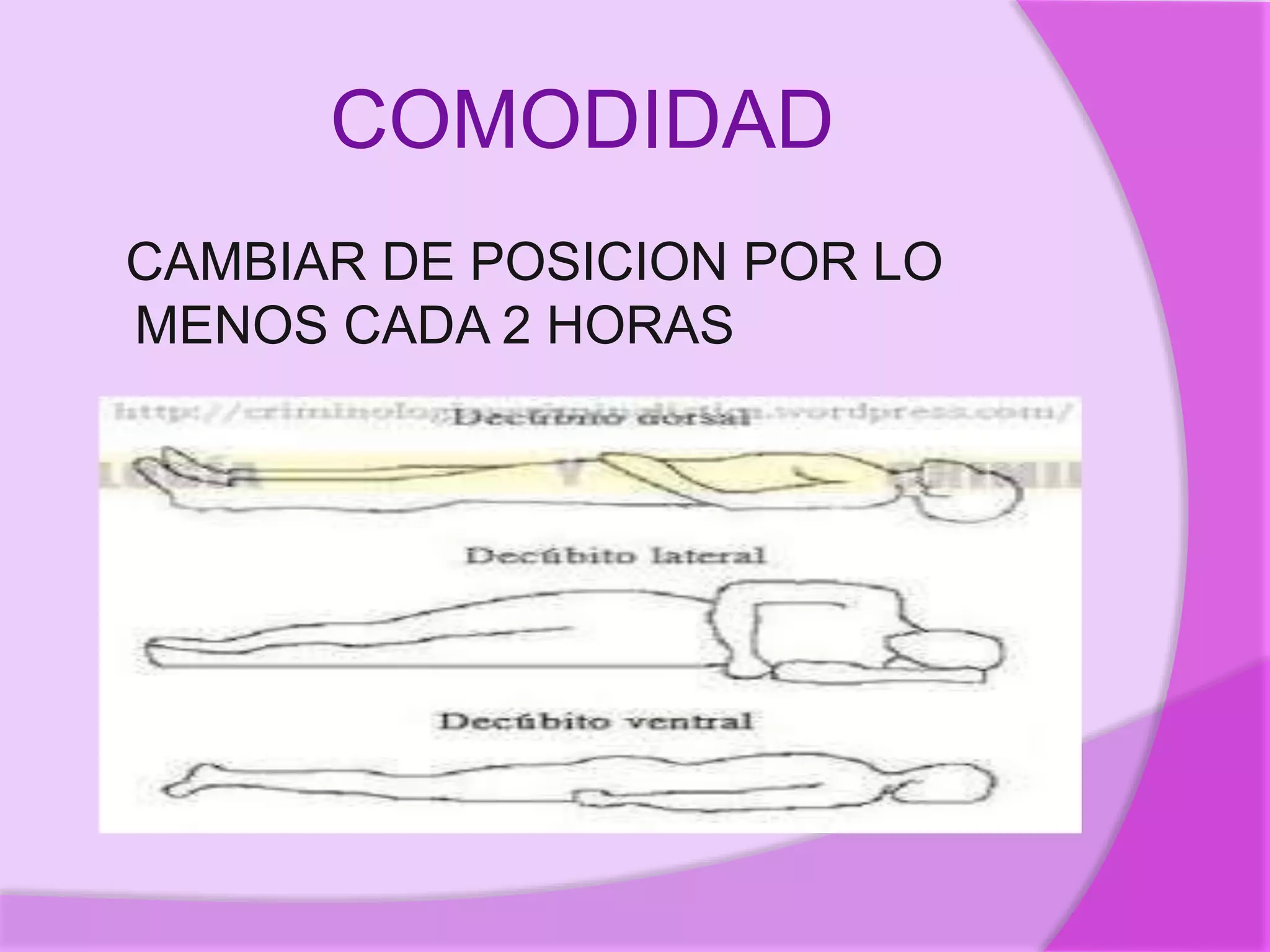 COMODIDAD
CAMBIAR DE POSICION POR LO
MENOS CADA 2 HORAS