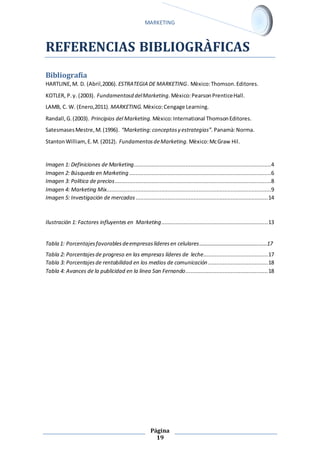 MARKETING 
REFERENCIAS BIBLIOGRÀFICAS 
Bibliografía 
HARTLINE, M. D. (Abril,2006). ESTRATEGIA DE MARKETING . Mèxico: Thomson. Editores. 
KOTLER, P. y. (2003). Fundamentosd del Marketing. Mèxico: Pearson Prentice Hall. 
LAMB, C. W. (Enero,2011). MARKETING. Mèxico: Cengage Learning. 
Randall, G. (2003). Principios del Marketing. Mèxico: International Thomson Editores. 
Satesmases Mestre, M. (1996). “Marketing: conceptos y estrategias”. Panamà: Norma. 
Stanton William, E. M. (2012). Fundamentos de Marketing. Mèxico: Mc Graw Hil. 
Imagen 1: Definiciones de Marketing .....................................................................................4 
Imagen 2: Búsqueda en Marketing ........................................................................................6 
Imagen 3: Política de precios .................................................................................................8 
Imagen 4: Marketing Mix......................................................................................................9 
Imagen 5: Investigación de mercados .................................................................................. 14 
Ilustración 1: Factores influyentes en Marketing .................................................................. 13 
Tabla 1: Porcentajes favorables de empresas líderes en celulares……………………………………..……17 
Tabla 2: Porcentajes de progreso en las empresas líderes de leche........................................ 17 
Tabla 3: Porcentajes de rentabilidad en los medios de comunicación ..................................... 18 
Tabla 4: Avances de la publicidad en la línea San Fernando ................................................... 18 
Página 
19 
