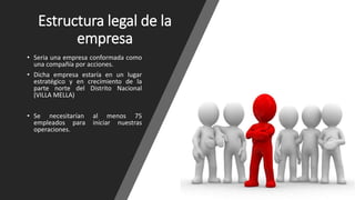 Estructura legal de la
empresa
• Seria una empresa conformada como
una compañía por acciones.
• Dicha empresa estaría en un lugar
estratégico y en crecimiento de la
parte norte del Distrito Nacional
(VILLA MELLA)
• Se necesitarían al menos 75
empleados para iniciar nuestras
operaciones.
 