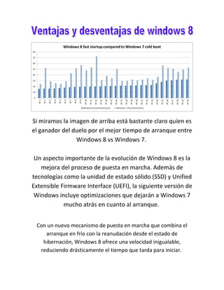 Si miramos la imagen de arriba está bastante claro quien es
el ganador del duelo por el mejor tiempo de arranque entre
                Windows 8 vs Windows 7.

 Un aspecto importante de la evolución de Windows 8 es la
   mejora del proceso de puesta en marcha. Además de
tecnologías como la unidad de estado sólido (SSD) y Unified
Extensible Firmware Interface (UEFI), la siguiente versión de
 Windows incluye optimizaciones que dejarán a Windows 7
            mucho atrás en cuanto al arranque.


 Con un nuevo mecanismo de puesta en marcha que combina el
    arranque en frío con la reanudación desde el estado de
   hibernación, Windows 8 ofrece una velocidad inigualable,
  reduciendo drásticamente el tiempo que tarda para iniciar.
 