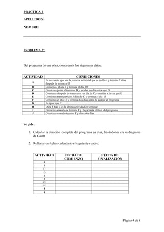 PRÁCTICA 1

APELLIDOS:

NOMBRE:




PROBLEMA 2º:



Del programa de una obra, conocemos los siguientes datos:


ACTIVIDAD                                     CONDICIONES
                  Es necesario que sea la primera actividad que se realice, y termina 2 días
      A
                  después de empezar B
      B           Comienza el día 4 y termina el día 10
      C           Comienza justo al terminar B y acaba un día antes que D
      D           Comienza después de transcurrir un día de C y termina a la vez que E
      E           Comienza transcurridos 3 días de C y termina el día 15
      F           Comienza el día 16 y termina dos días antes de acabar el programa
      G           Es igual que F
      H           Dura 4 días y es la última actividad en terminar
      I           Comienza cuando se termina F y llega hasta el final del programa
      J           Comienza cuando termina F y dura dos días



Se pide:

   1. Calcular la duración completa del programa en días, basándonos en su diagrama
      de Gantt

   2. Rellenar en fechas calendario el siguiente cuadro:


           ACTIVIDAD               FECHA DE                         FECHA DE
                                   COMIENZO                       FINALIZACIÓN
              A
              B
              C
              D
              E
              F
              G
              H
              I
              J




                                                                                         Página 4 de 8
 