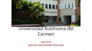 Universidad Autónoma del
Carmen
ENGLISH III
MAESTRA: SOFIA BRENDA REYES CRUZ
1
 