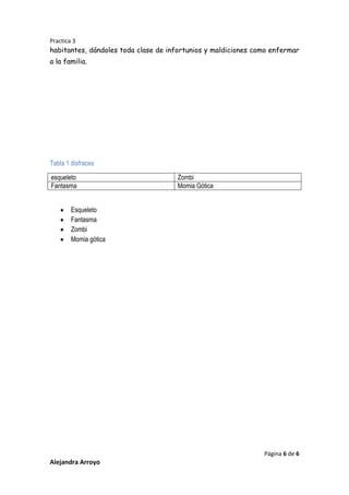 Practica 3

habitantes, dándoles toda clase de infortunios y maldiciones como enfermar
a la familia.

Tabla 1 disfraces
esqueleto
Fantasma

Zombi
Momia Gótica

Esqueleto
Fantasma
Zombi
Momia gótica

Página 6 de 6

Alejandra Arroyo

 