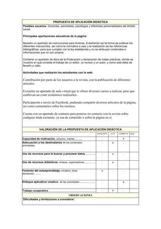 PROPUESTA DE APLICACIÓN DIDÁCTICA
Posibles usuarios: Docentes, periodistas, psicólogos y diferentes personalidades del ámbito
social.
Principales aportaciones educativas de la página:
Muestra un apartado de instrucciones para Autores. Enseñando así la forma de publicar los
diferentes manuscritos, así como la normativa a usar y la realización de las referencias
bibliográficas, para que cumplan con la ley establecida y no se atribuyan contenidos e
informaciones que no son propios.
Contiene un apartado de ética de la Publicación y declaración de malas prácticas, donde se
muestra en qué consiste el trabajo de un editor, un revisor y un autor, y como este debe de
llevarlo a cabo.
Actividades que realizarán los estudiantes con la web:
Contribución por parte de los usuarios a la revista, con la publicación de diferentes
artículos.
Existente un apartado de aula virtual que te ofrece diversos cursos a realizar, pero que
conllevan un coste económico realizarlos.
Participación a través de Facebook, pudiendo compartir diversos artículos de la página,
así como comentarios sobre los mismos.
Cuenta con un apartado de contacto para ponerse en contacto con la revista sobre
cualquier duda existente, ya sea de contenido o sobre la página en sí.
VALORACIÓN DE LA PROPUESTA DE APLICACIÓN DIDÁCTICA
EXCELENTE ALTA CORRECTA BAJA
Capacidad de motivación, atractivo, interés............ . . x .
Adecuación a los destinatarios de los contenidos,
actividades.
. x . .
Uso de recursos para la buscar y procesar datos................ . x . .
Uso de recursos didácticos: síntesis, organizadores................. . x . .
Fomento del autoaprendizaje. Iniciativa, toma
decisiones..........
x . . .
Enfoque aplicativo/ creativo de las actividades........................ . . x .
Trabajo cooperativo...................................................................... . x . .
OBSERVACIONES
Dificultades y limitaciones a considerar:
 