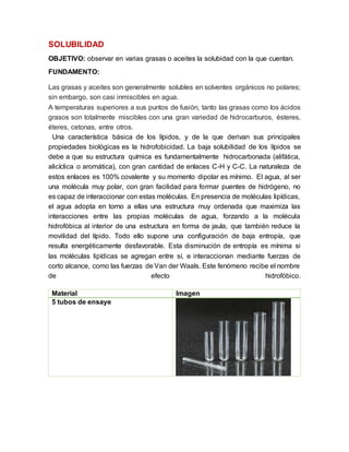 SOLUBILIDAD
OBJETIVO: observar en varias grasas o aceites la solubidad con la que cuentan.
FUNDAMENTO:
Las grasas y aceites son generalmente solubles en solventes orgánicos no polares;
sin embargo, son casi inmiscibles en agua.
A temperaturas superiores a sus puntos de fusión, tanto las grasas como los ácidos
grasos son totalmente miscibles con una gran variedad de hidrocarburos, ésteres,
éteres, cetonas, entre otros.
Una característica básica de los lípidos, y de la que derivan sus principales
propiedades biológicas es la hidrofobicidad. La baja solubilidad de los lípidos se
debe a que su estructura química es fundamentalmente hidrocarbonada (alifática,
alicíclica o aromática), con gran cantidad de enlaces C-H y C-C. La naturaleza de
estos enlaces es 100% covalente y su momento dipolar es mínimo. El agua, al ser
una molécula muy polar, con gran facilidad para formar puentes de hidrógeno, no
es capaz de interaccionar con estas moléculas. En presencia de moléculas lipídicas,
el agua adopta en torno a ellas una estructura muy ordenada que maximiza las
interacciones entre las propias moléculas de agua, forzando a la molécula
hidrofóbica al interior de una estructura en forma de jaula, que también reduce la
movilidad del lípido. Todo ello supone una configuración de baja entropía, que
resulta energéticamente desfavorable. Esta disminución de entropía es mínima si
las moléculas lipídicas se agregan entre sí, e interaccionan mediante fuerzas de
corto alcance, como las fuerzas de Van der Waals. Este fenómeno recibe el nombre
de efecto hidrofóbico.
Material Imagen
5 tubos de ensaye
 