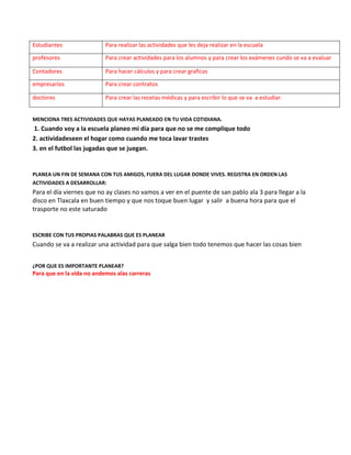 Estudiantes                Para realizar las actividades que les deja realizar en la escuela

profesores                 Para crear actividades para los alumnos y para crear los exámenes cundo se va a evaluar

Contadores                 Para hacer cálculos y para crear graficas

empresarios                Para crear contratos

doctores                   Para crear las recetas médicas y para escribir lo que se va a estudiar.


MENCIONA TRES ACTIVIDADES QUE HAYAS PLANEADO EN TU VIDA COTIDIANA.
1. Cuando voy a la escuela planeo mi día para que no se me complique todo
2. actividadeseen el hogar como cuando me toca lavar trastes
3. en el futbol las jugadas que se juegan.


PLANEA UN FIN DE SEMANA CON TUS AMIGOS, FUERA DEL LUGAR DONDE VIVES. REGISTRA EN ORDEN LAS
ACTIVIDADES A DESARROLLAR:
Para el día viernes que no ay clases no vamos a ver en el puente de san pablo ala 3 para llegar a la
disco en Tlaxcala en buen tiempo y que nos toque buen lugar y salir a buena hora para que el
trasporte no este saturado


ESCRIBE CON TUS PROPIAS PALABRAS QUE ES PLANEAR
Cuando se va a realizar una actividad para que salga bien todo tenemos que hacer las cosas bien


¿POR QUE ES IMPORTANTE PLANEAR?
Para que en la vida no andemos alas carreras
 