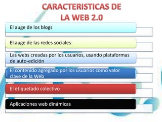 El auge de los blogs
El auge de las redes sociales
Las webs creadas por los usuarios, usando plataformas
de auto-edición
El contenido agregado por los usuarios como valor
clave de la Web
El etiquetado colectivo
Aplicaciones web dinámicas
 
