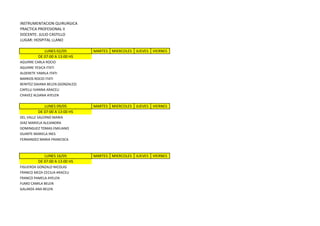 INSTRUMENTACION QUIRURGICA
PRACTICA PROFESIONAL II
DOCENTE: JULIO CASTILLO
LUGAR: HOSPITAL LLANO
LUNES 02/05 MARTES MIERCOLES JUEVES VIERNES
DE 07:00 A 13:00 HS
AGUIRRE CARLA ROCIO
AGUIRRE YESICA ITATI
ALDERETE YAMILA ITATI
BARRIOS ROCIO ITATI
BENITEZ DAIANA BELEN (GONZALEZ)
CAPELLI IVANNA ARACELI
CHAVEZ ALDANA AYELEN
LUNES 09/05 MARTES MIERCOLES JUEVES VIERNES
DE 07:00 A 13:00 HS
DEL VALLE SALERNO MARIA
DIAZ MARIELA ALEJANDRA
DOMINGUEZ TOMAS EMILIANO
DUARTE MARIELA INES
FERNANDEZ MARIA FRANCISCA
LUNES 16/05 MARTES MIERCOLES JUEVES VIERNES
DE 07:00 A 13:00 HS
FIGUEROA GONZALO NICOLAS
FRANCO MEZA CECILIA ARACELI
FRANCO PAMELA AYELEN
FUMO CAMILA BELEN
GALARZA ANA BELEN