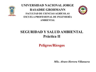 UNIVERSIDAD NACIONAL JORGE
BASADRE GROHMANN
FACULTAD DE CIENCIAS AGRÍCOLAS
ESCUELA PROFESIONAL DE INGENIERÍA
AMBIENTAL
SEGURIDAD Y SALUD AMBIENTAL
Práctica II
Peligros/Riesgos
MSc. Alvaro Herrera Villanueva
 